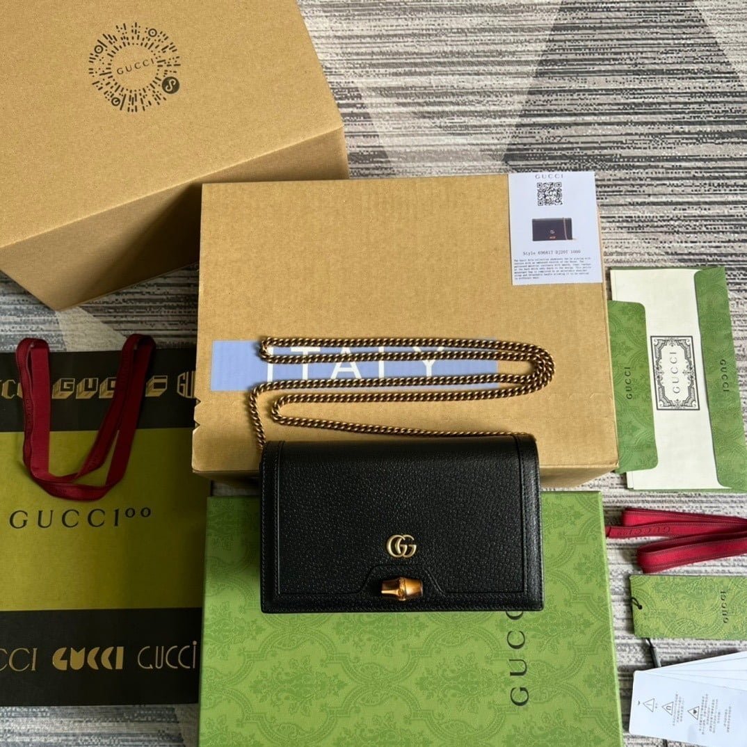 1:1 Replica Gucci Diana Mini Bag With Bamboo Black For Women, Women's Bags 7.5in/19cm GG 696817 DJ20T 1000