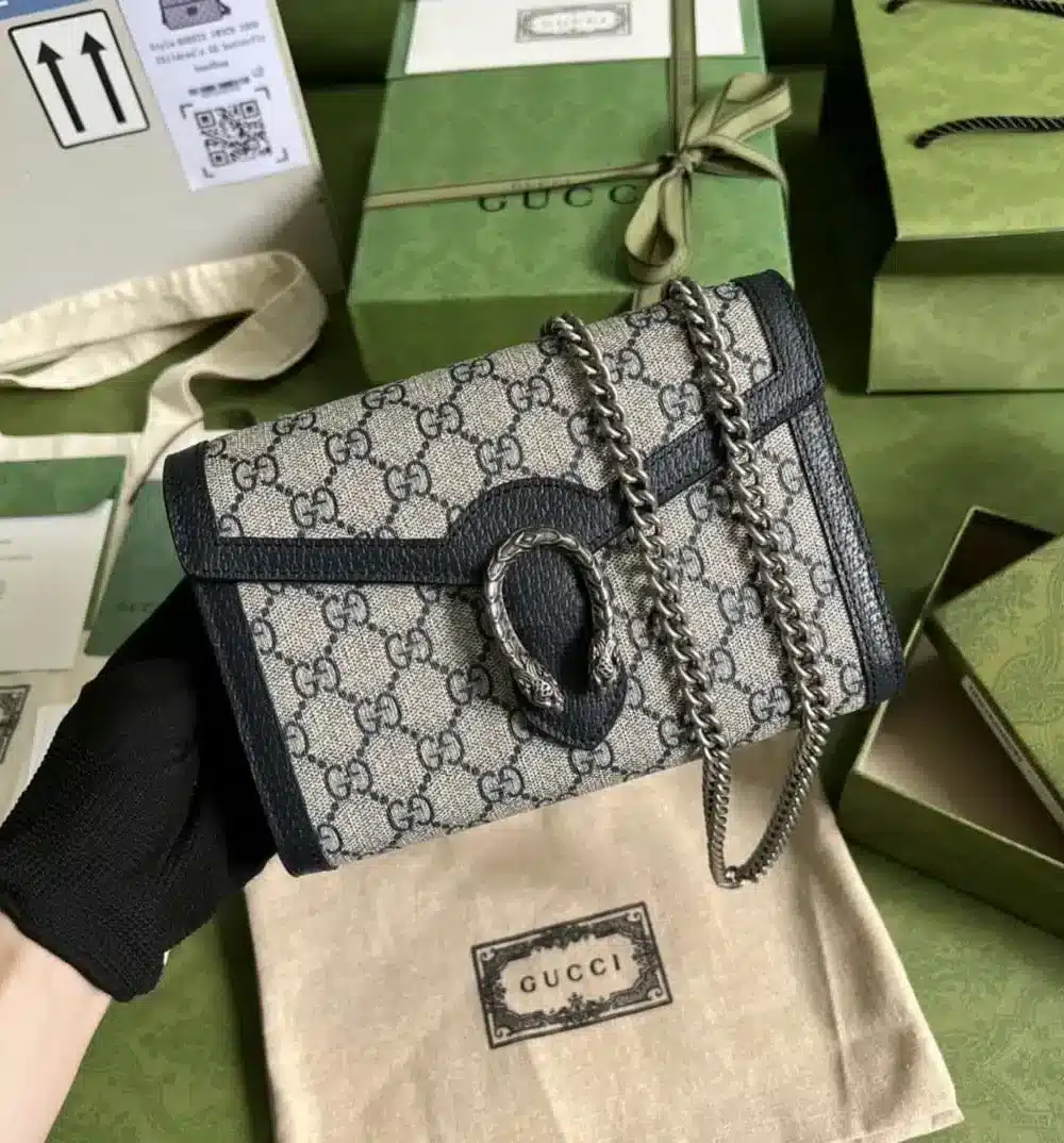 1:1 Replica Gucci Dionysus GG Chain Wallet Beige And Blue Supreme Canvas For Women 8in/20cm 401231 K9GSN 4075