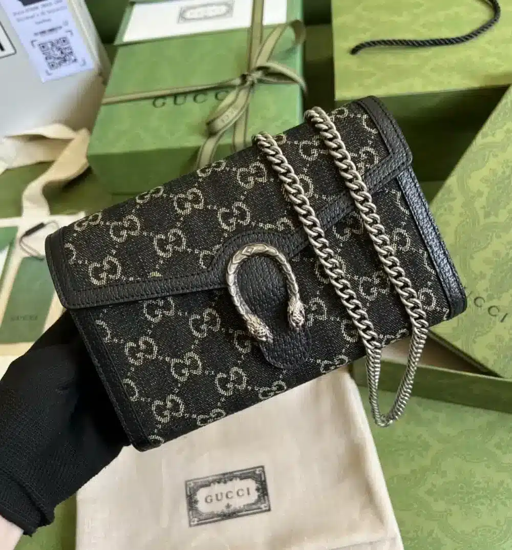 1:1 Replica Gucci Dionysus GG Mini Chain Bag Black And Ivory GG Denim Jacquard For Women 8in/20cm 401231 UN3BN 1274