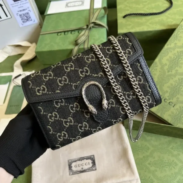 1:1 Replica Gucci Dionysus GG Mini Chain Bag Black And Ivory GG Denim Jacquard For Women 8in/20cm 401231 UN3BN 1274