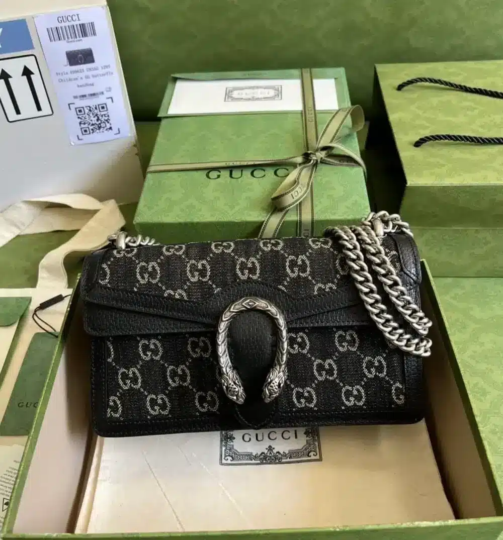 1:1 Replica Gucci Dionysus Small GG Shoulder Bag Black And Ivory GG Denim Jacquard For Women 10in/25cm 499623 UN3BN 1274