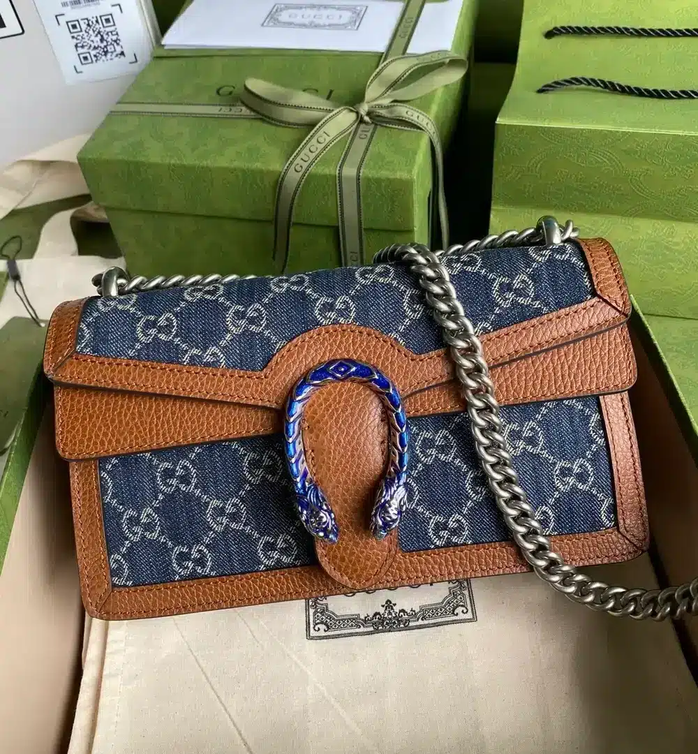 1:1 Replica Gucci Dionysus Small Shoulder Bag Dark Blue And Ivory Eco Washed Organic GG Jacquard Deni For Women 11in/28cm 400249 2KQFN 4483