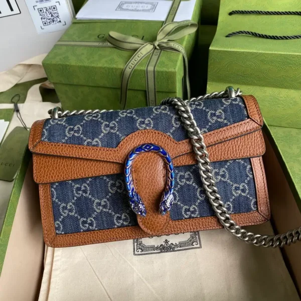 1:1 Replica Gucci Dionysus Small Shoulder Bag Dark Blue And Ivory Eco Washed Organic GG Jacquard Deni For Women 11in/28cm 400249 2KQFN 4483