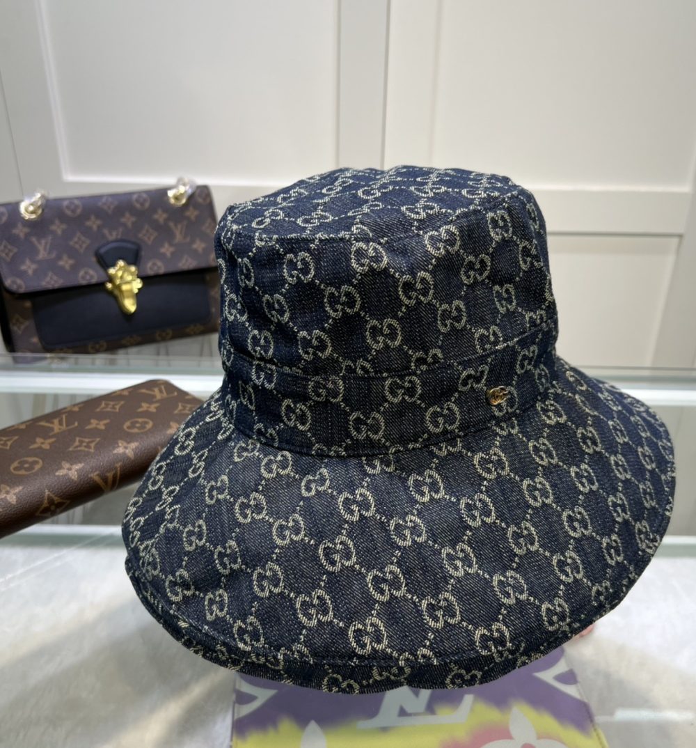 Gucci Eco Washed Denim Wide Brim Hat Dark Blue GG Hat 631958 3HAAH 4900