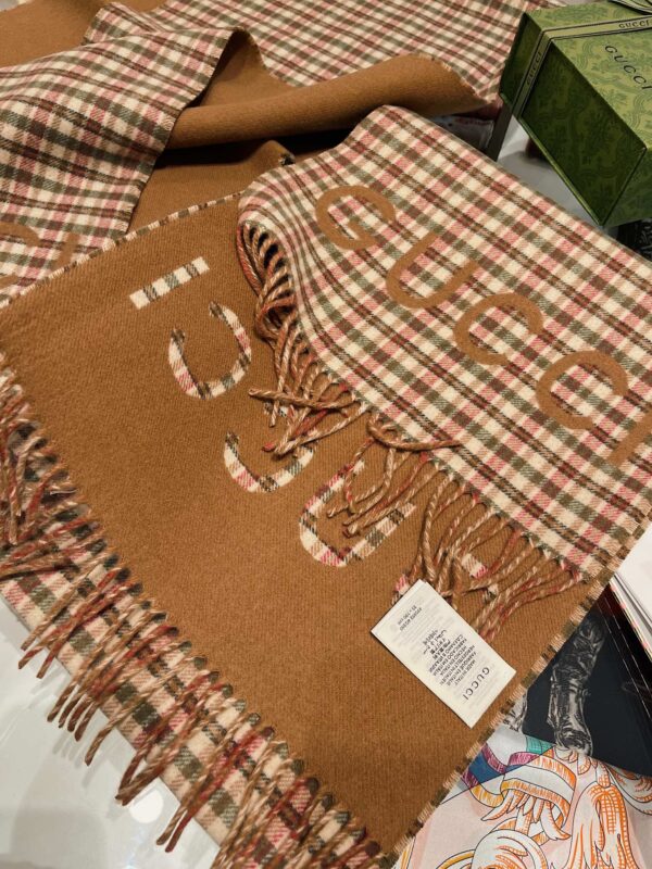Gucci GG And Tartan Wool Jacquard Scarf Brown 79in/200cm 