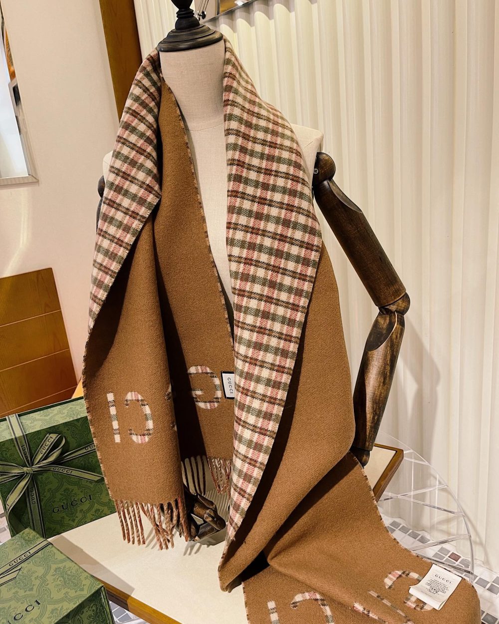 Gucci GG And Tartan Wool Jacquard Scarf Brown 79in/200cm