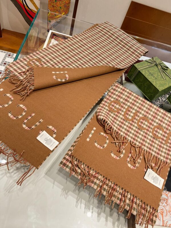 Gucci GG And Tartan Wool Jacquard Scarf Brown 79in/200cm 