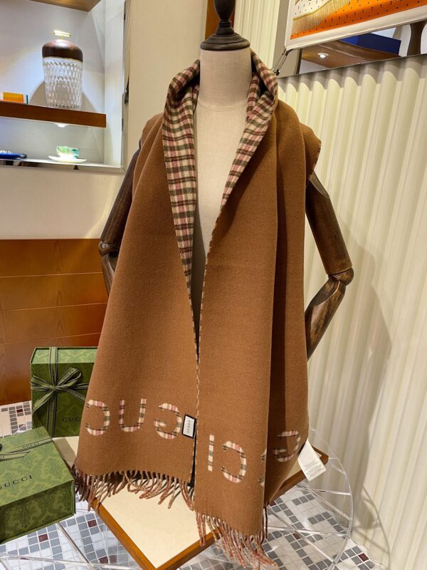 Gucci GG And Tartan Wool Jacquard Scarf Brown 79in/200cm 