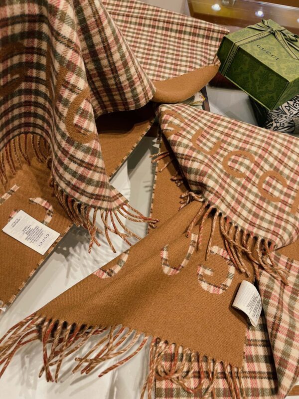 Gucci GG And Tartan Wool Jacquard Scarf Brown 79in/200cm 
