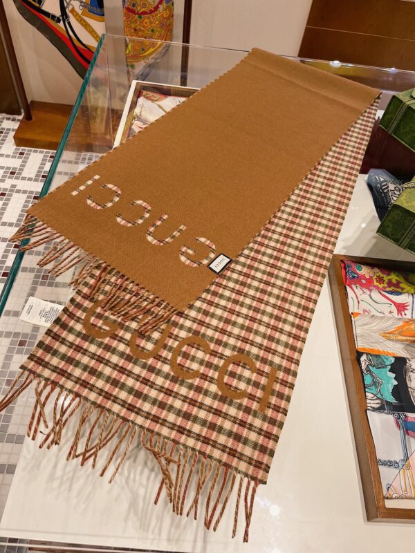 Gucci GG And Tartan Wool Jacquard Scarf Brown 79in/200cm 