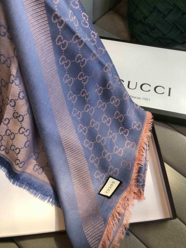 Gucci GG Jacquard Silk Wool Shawl Blue/Brown 55in/140cm