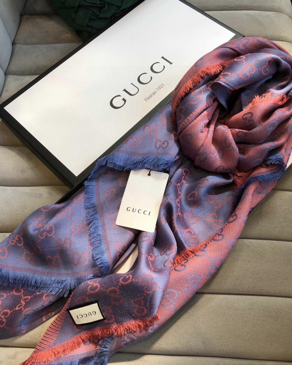 Gucci GG Jacquard Silk Wool Shawl Blue/Orange 55in/140cm