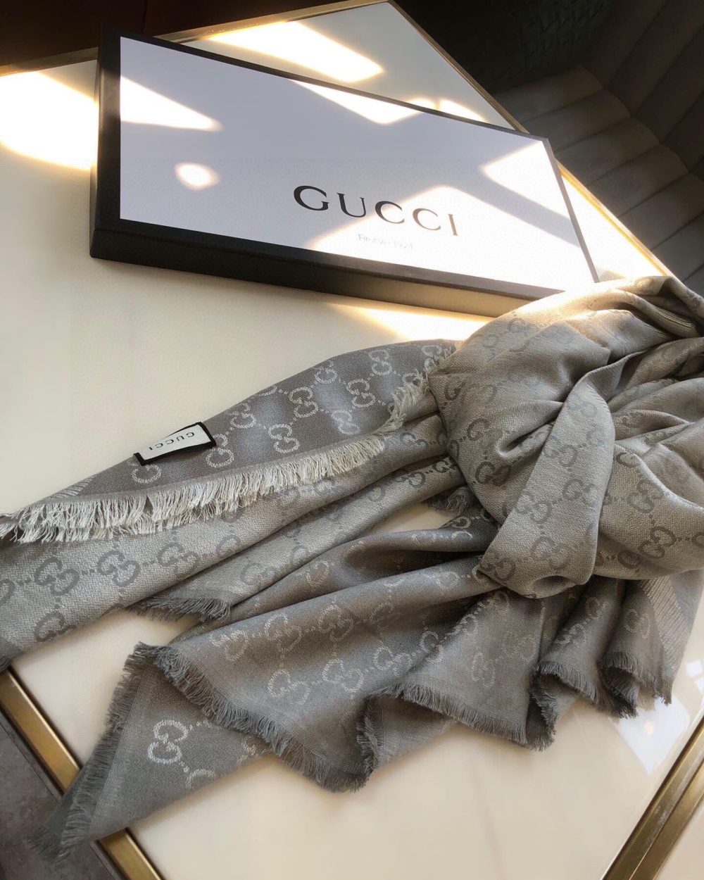 Gucci GG Jacquard Silk Wool Shawl Grey 55in/140cm