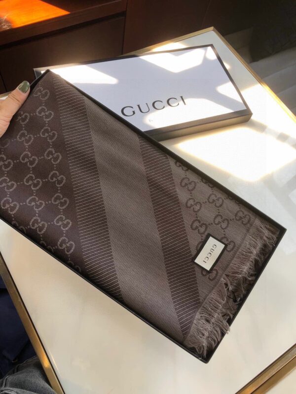 Gucci GG Jacquard Silk Wool Shawl Grey/Brown 55in/140cm
