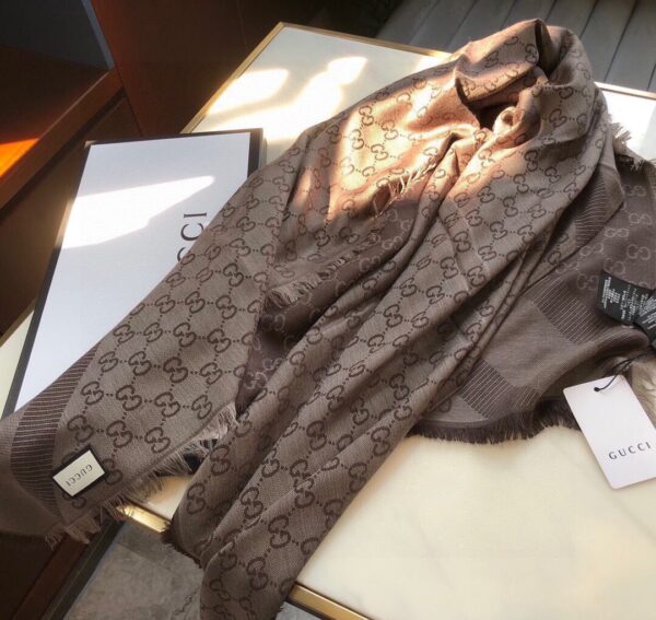 Gucci GG Jacquard Silk Wool Shawl Grey/Brown 55in/140cm