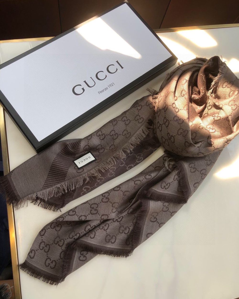 Gucci GG Jacquard Silk Wool Shawl Grey/Brown 55in/140cm
