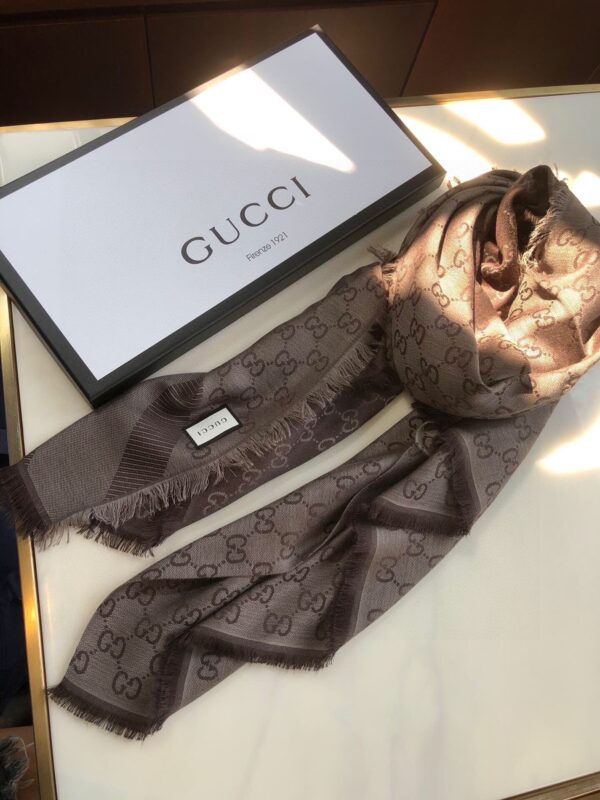 Gucci GG Jacquard Silk Wool Shawl Grey/Brown 55in/140cm
