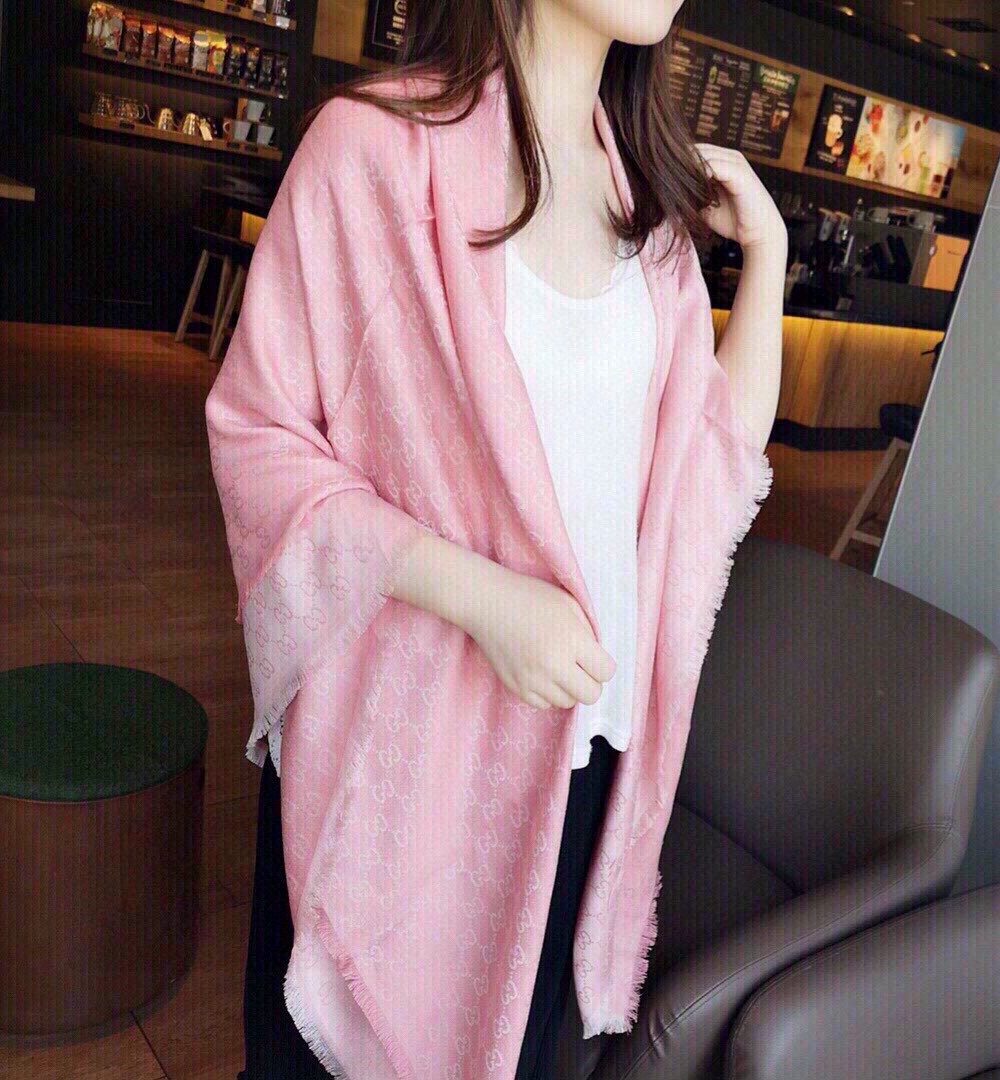 Gucci GG Jacquard Silk Wool Shawl Pink 55in/140cm