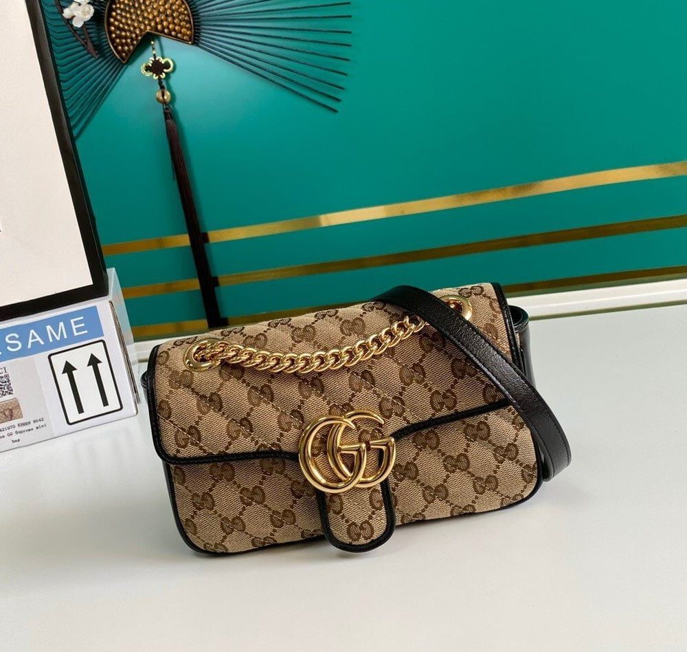1:1 Replica Gucci GG Marmont Matelassé Mini Bag Beige/Ebony Diagonal Matelassé Original GG Canvas For Women 8.5in/22cm 446744