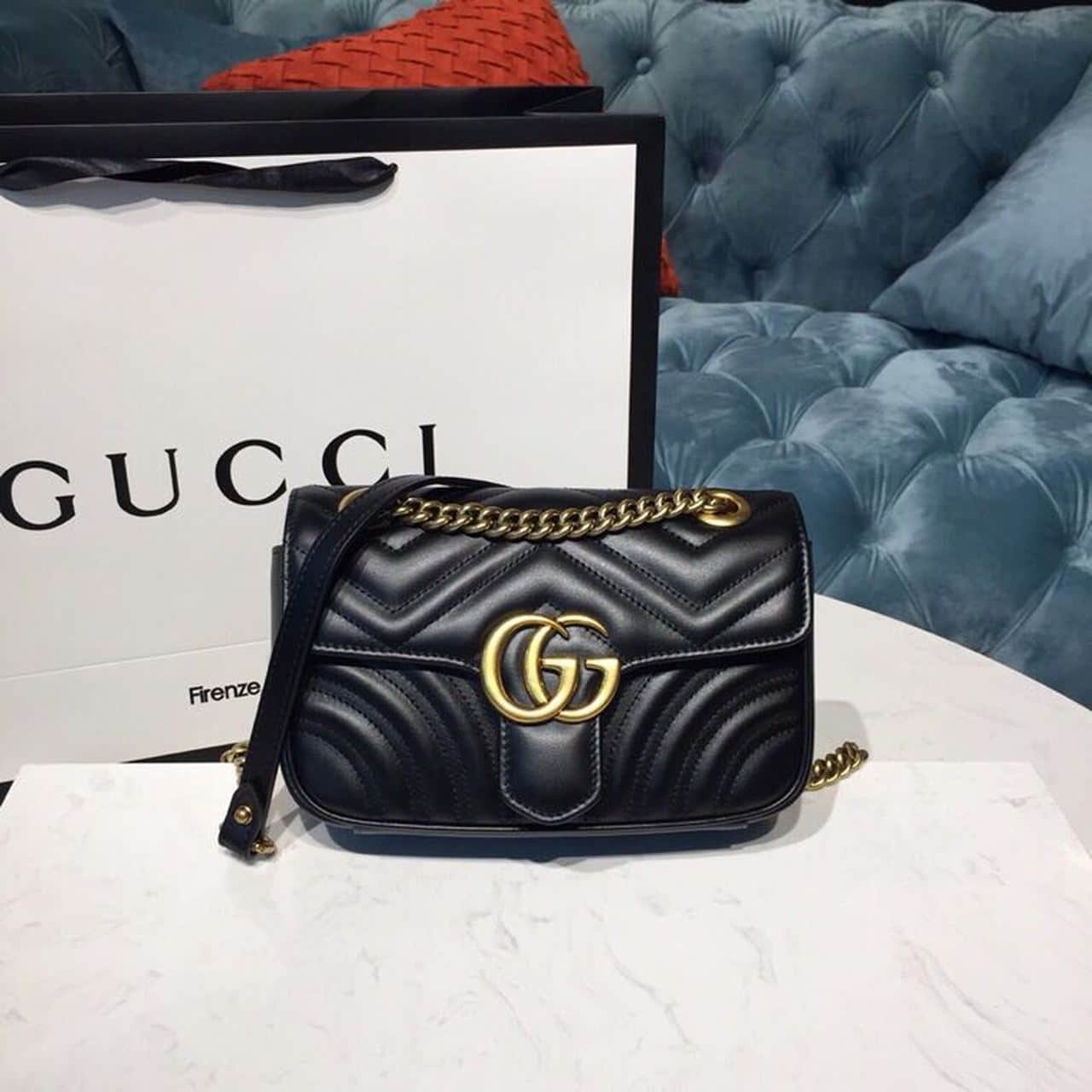 1:1 Replica Gucci GG Marmont Matelassé Mini Bag Black Matelassé Chevron With A Heart For Women 9in/22cm GG 446744 DTDIT 1000