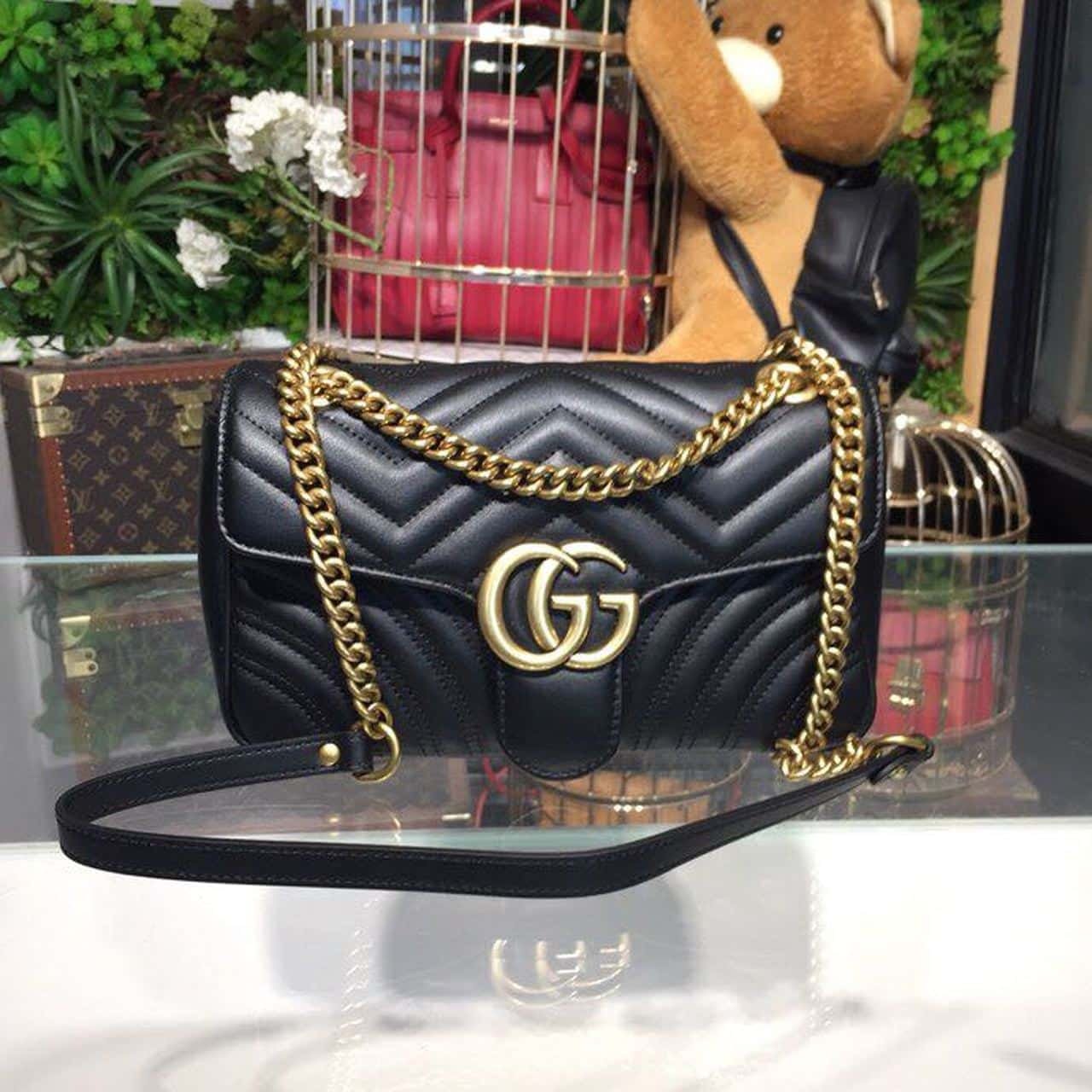 1:1 Replica Gucci GG Marmont Small Matelassé Shoulder Bag Black For Women 10in/25cm 443497 DTDIT 1000