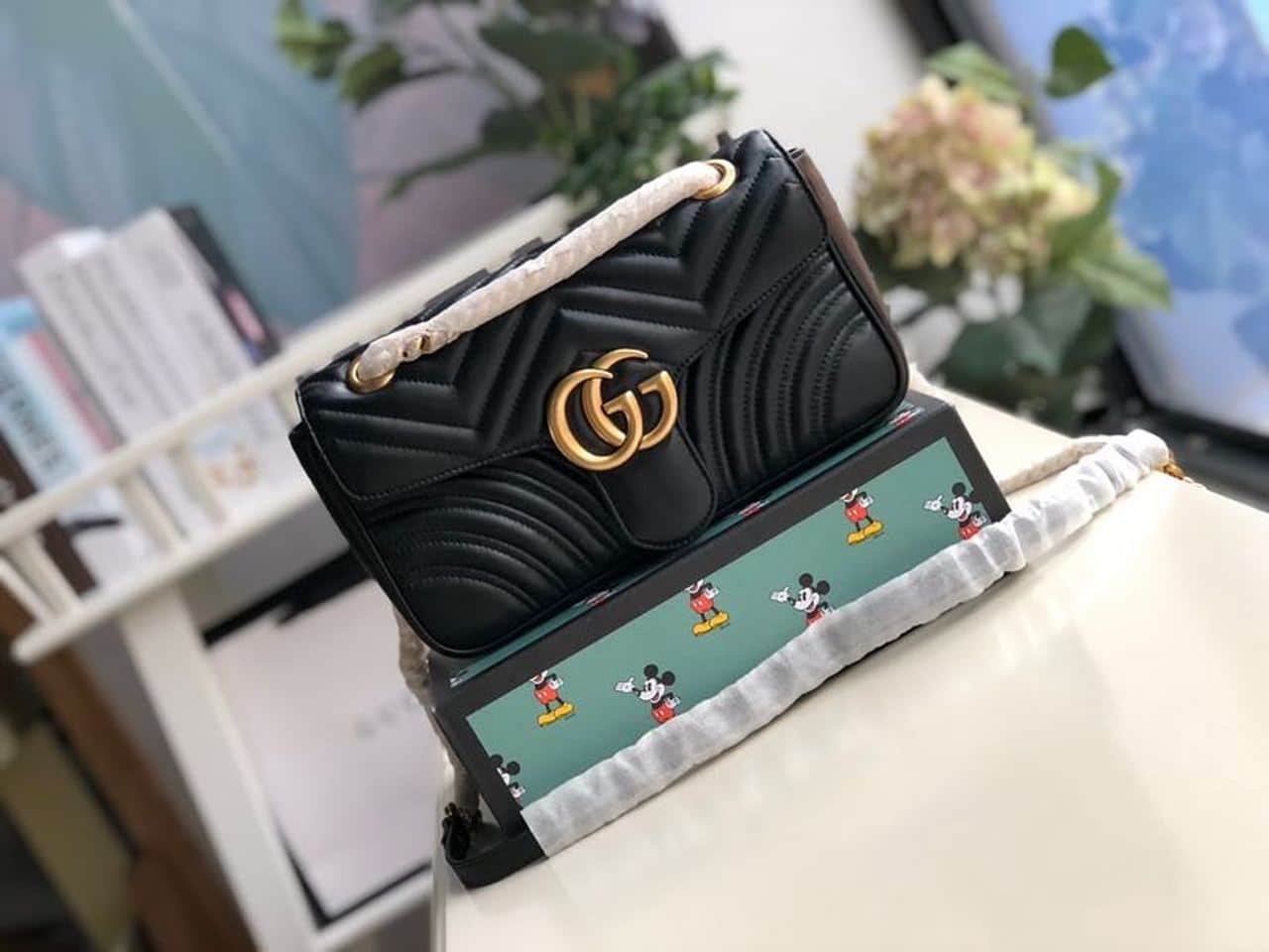 1:1 Replica Gucci GG Marmont Small Matelassé Shoulder Bag Black Matelassé Chevron For Women 10in/26cm 443497 DTDIT 1000