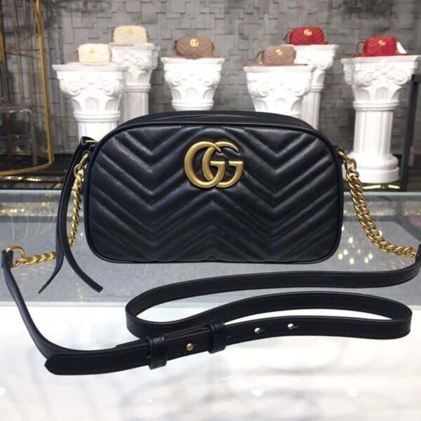 1:1 Replica Gucci GG Marmont Small Matelassé Shoulder Bag Black Matelassé Chevron For Women 9.5in/24cm GG 447632 DTD1T 1000