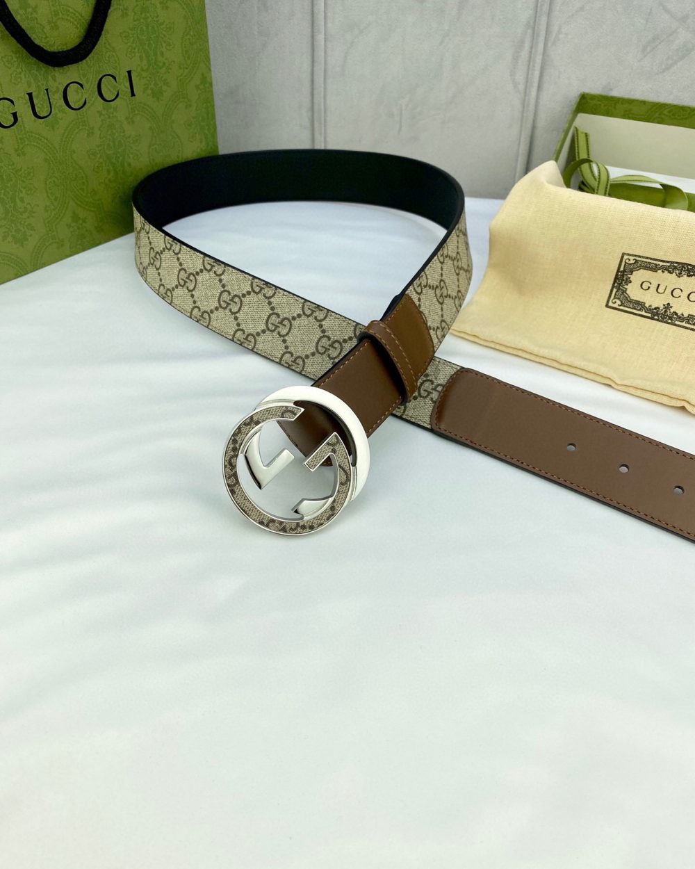 1:1 Replica Gucci GG Supreme Belt With Interlocking G Buckle Beige/Ebony And Brown GG Supreme Canvas For Women, Women Belt
