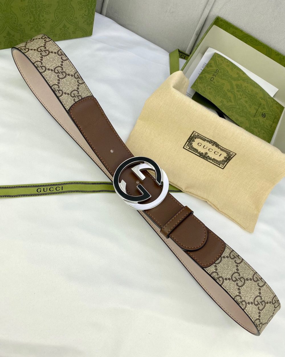 1:1 Replica Gucci GG Supreme Belt With Interlocking G Buckle Beige/Ebony And Brown GG Supreme Canvas For Women, Women Belt