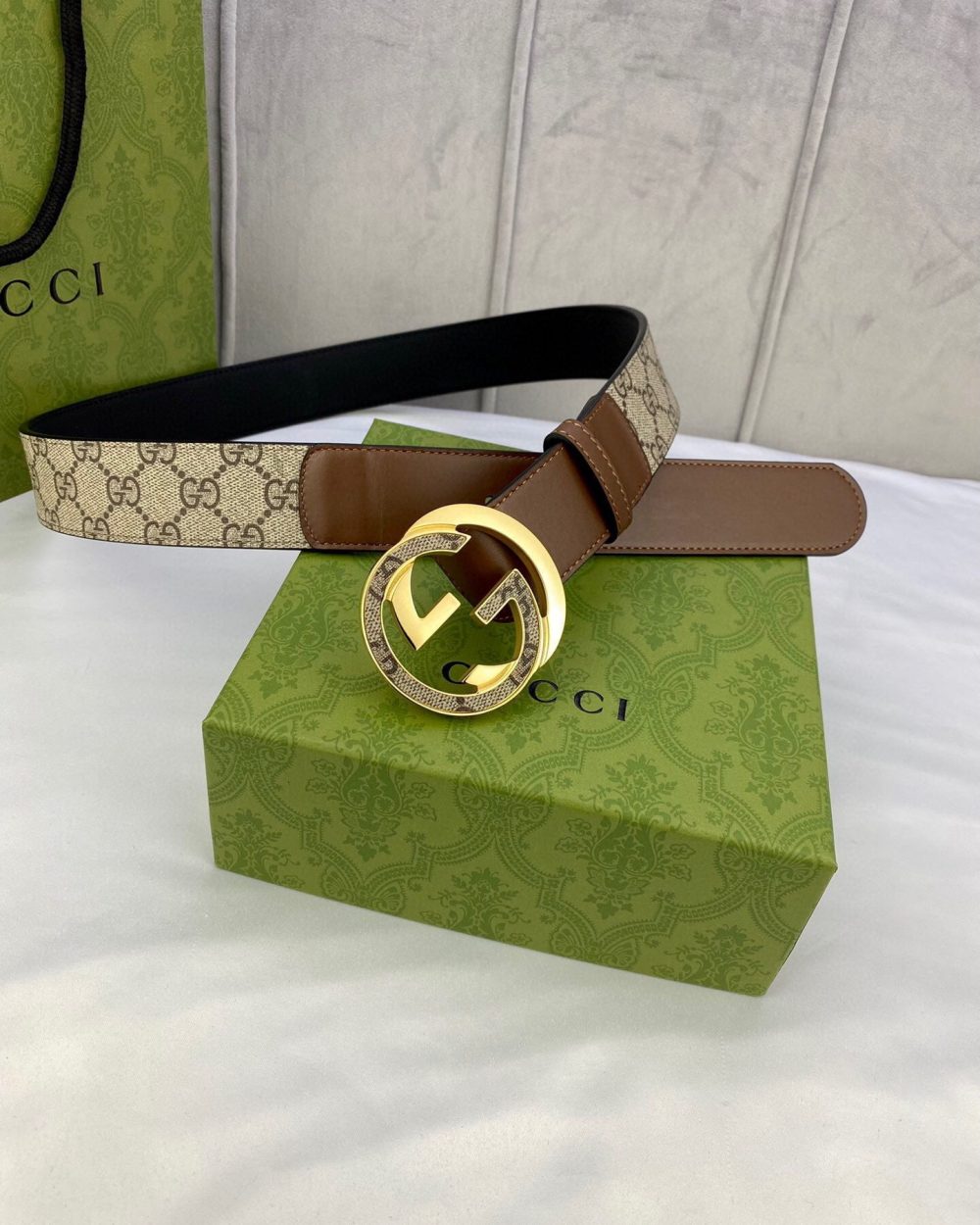 1:1 Replica Gucci GG Supreme Belt With Interlocking G Buckle Beige/Ebony And Brown GG Supreme Canvas For Women, Women Belt