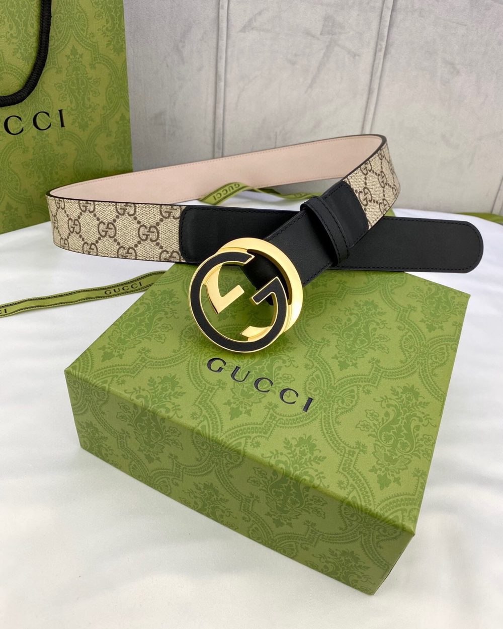 1:1 Replica Gucci GG Supreme Belt With Interlocking G Buckle Beige/Ebony GG Supreme And Black For Women, Women Belt