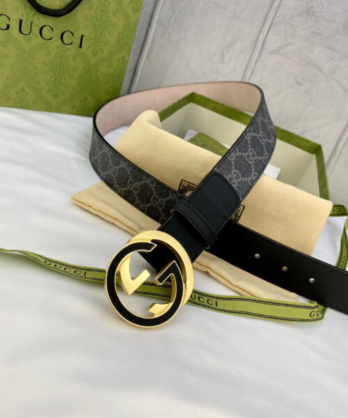 1:1 Replica Gucci GG Supreme Belt With Interlocking G Buckle Black/Grey GG Supreme Canvas With Black For Women, Women Belt