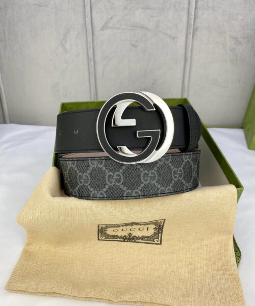 1:1 Replica Gucci GG Supreme Belt With Interlocking G Buckle Black/Grey GG Supreme Canvas With Black For Women, Women Belt