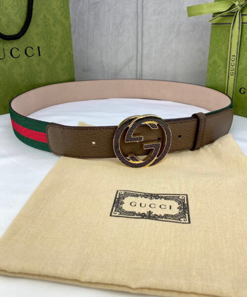 1:1 Replica Gucci GG Web Belt With G Buckle Green/Red Web Fabric And Brown For Women, Women Belt
