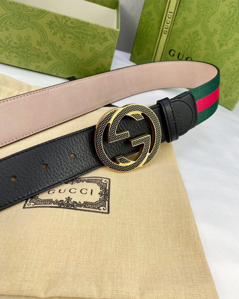 1:1 Replica Gucci GG Web Belt With  Interlocking G Buckle Green/Red Web Fabric And Black For Women, Women Belt