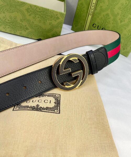 1:1 Replica Gucci GG Web Belt With  Interlocking G Buckle Green/Red Web Fabric And Black For Women, Women Belt