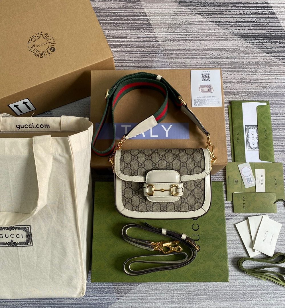 1:1 Replica Gucci Horsebit 1955 GG Mini Bag White For Women, Women's Bags 8in/21cm GG