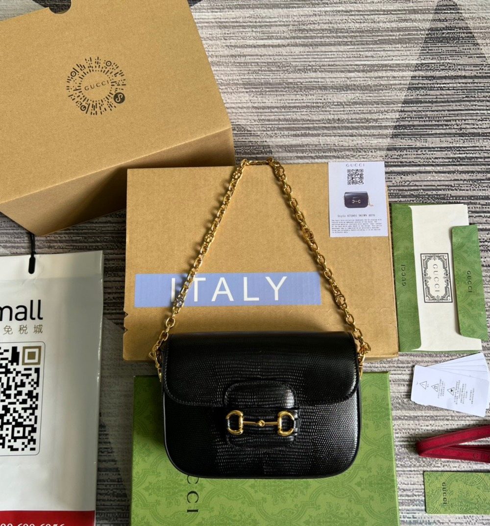 1:1 Replica Gucci Horsebit 1955 Lizard Mini Bag Black For Women, Women's Bags 8in/20cm GG