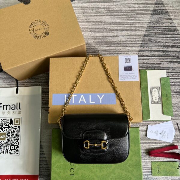 1:1 Replica Gucci Horsebit 1955 Lizard Mini Bag Black For Women, Women's Bags 8in/20cm GG