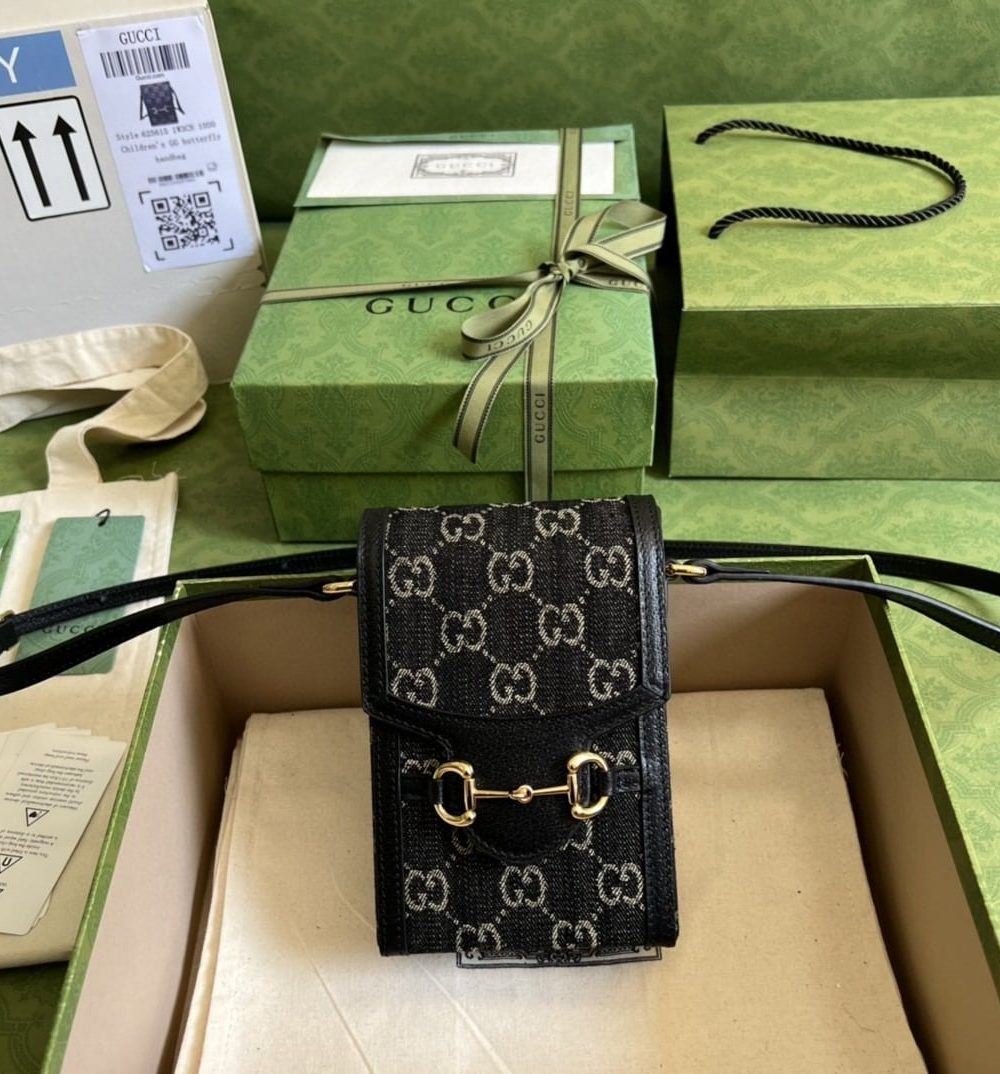 1:1 Replica Gucci Horsebit 1955 Mini Bag Black And Ivory GG Denim Jacquard For Women 6.7in/17cm 625615 UN3BG 1274