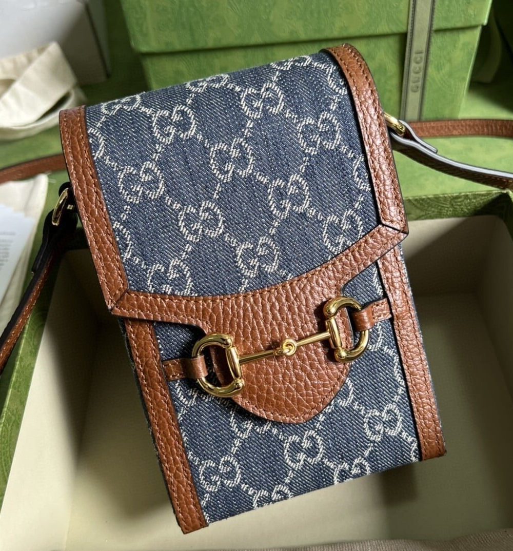 1:1 Replica Gucci Horsebit 1955 Mini Bag Blue And Ivory GG Denim Jacquard For Women 6.7in/17cm 625615 2KQGG 8375