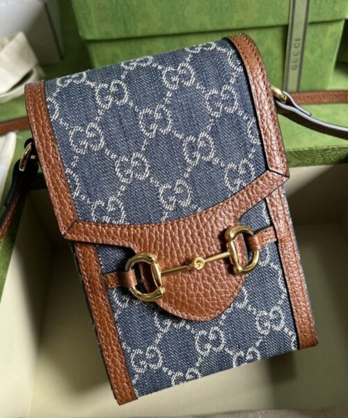 1:1 Replica Gucci Horsebit 1955 Mini Bag Blue And Ivory GG Denim Jacquard For Women 6.7in/17cm 625615 2KQGG 8375