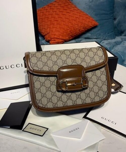 1:1 Replica Gucci Horsebit 1955 Shoulder Bag Beige/Ebony GG Supreme Canvas With Brown For Women 9.8in/25cm GG ‎602204 92TCG 8563