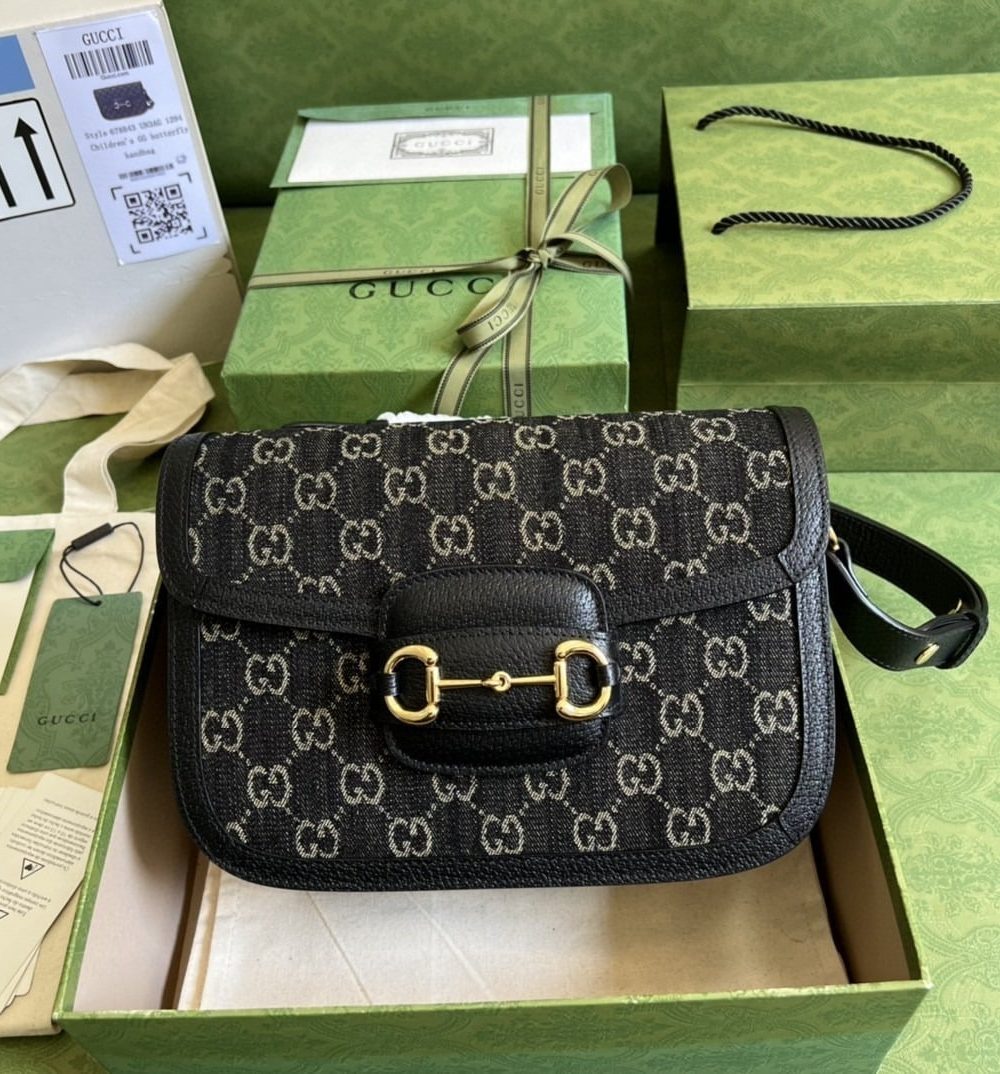 1:1 Replica Gucci Horsebit 1955 Shoulder Bag Black And Ivory GG Denim Jacquard For Women 9.8in/25cm 602204 UN3BG 1274