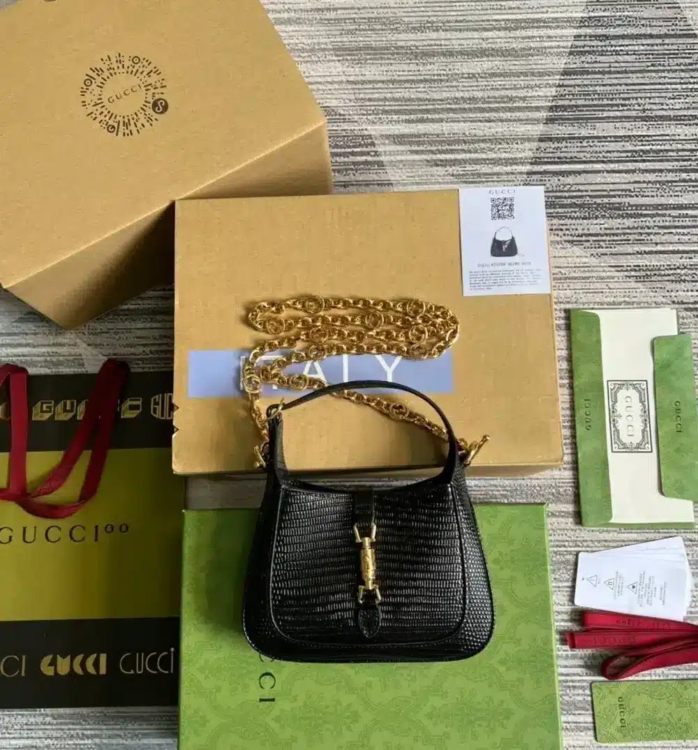 1:1 Replica Gucci Jackie 1961 Lizard Mini Bag Black For Women, Women's Bags 7.5in/19cm GG ‎675799 LUZ0G 1000