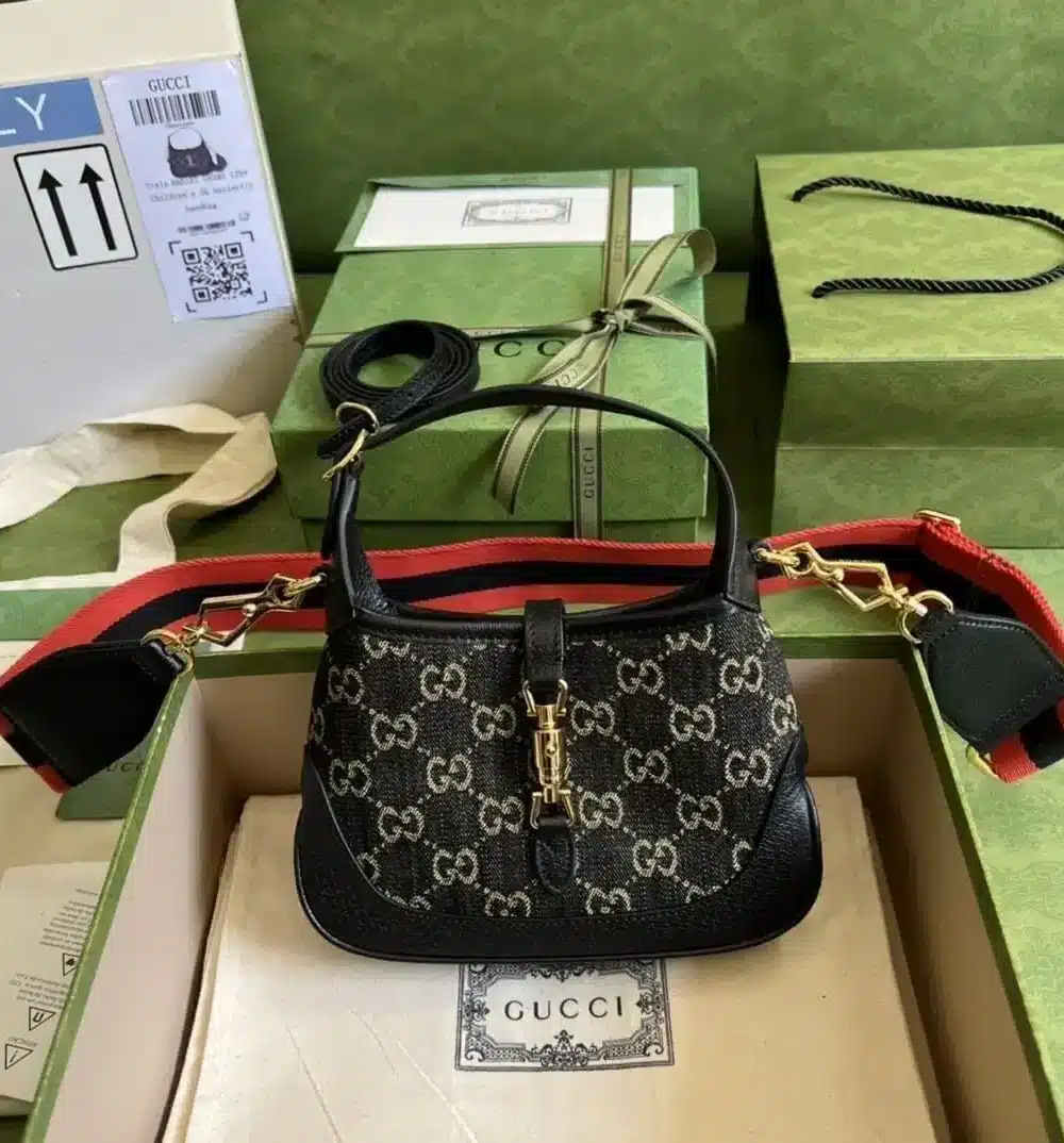 1:1 Replica Gucci Jackie 1961 Mini Shoulder Bag Black And Ivory GG Denim Jacquard For Women 7.5in/19cm GG 685127 UN3AG 1294