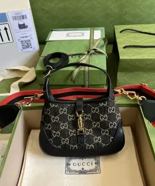 1:1 Replica Gucci Jackie 1961 Mini Shoulder Bag Black And Ivory GG Denim Jacquard For Women 7.5in/19cm GG 685127 UN3AG 1294