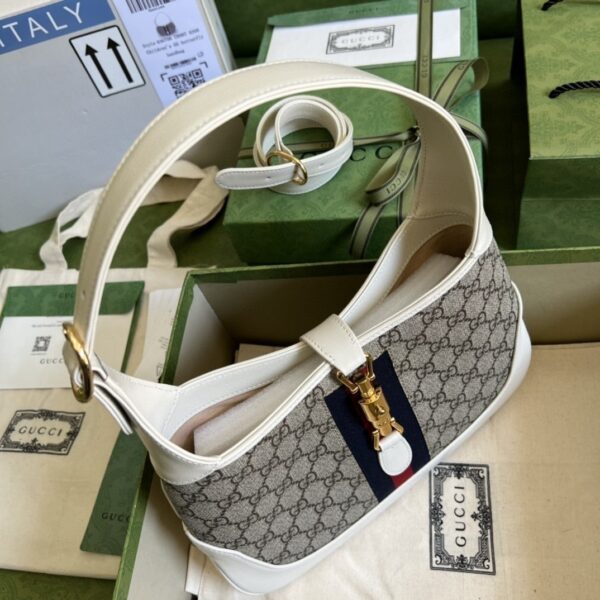 1:1 Replica Gucci Jackie 1961 Small Shoulder Bag Beige And Ebony GG Supreme Canvas For Women 11in/28cm 636706 HUHHG 9794