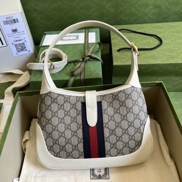 1:1 Replica Gucci Jackie 1961 Small Shoulder Bag Beige And Ebony GG Supreme Canvas For Women 11in/28cm 636706 HUHHG 9794
