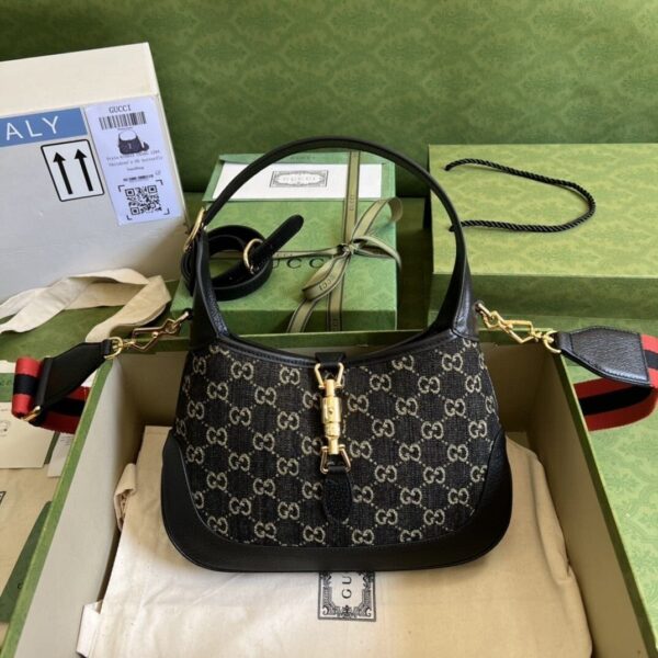 1:1 Replica Gucci Jackie 1961 Small Shoulder Bag Black And Ivory GG Denim Jacquard For Women 11in/28cm 678843 UN3AG 1294